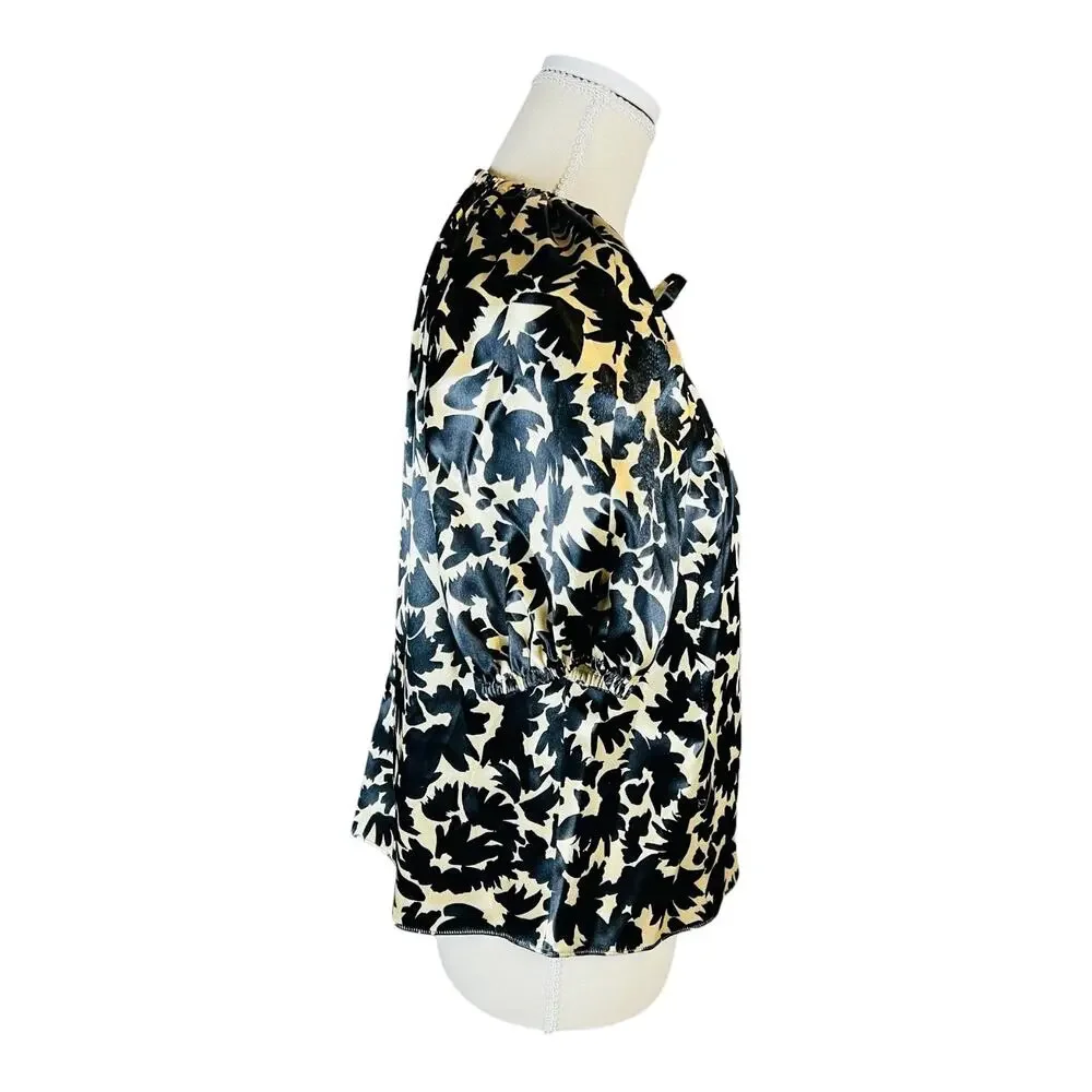 Ulla Johnson Neema Raven Black Cream Floral Satin Puff Sleeve Top Size 0